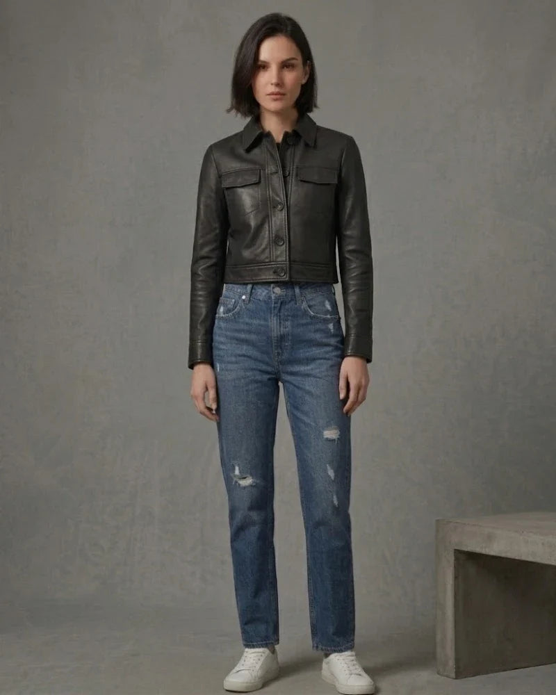 Sowachi Women's Leather Black Cropped Trucker Jacket