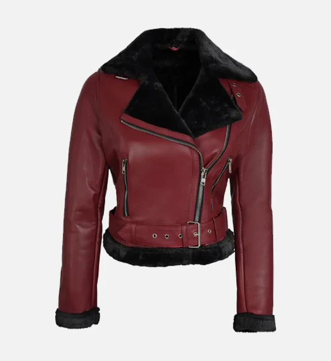 Sowachi Women's Maroon Biker Shearling Leather Jacket