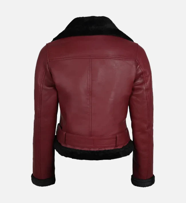 Sowachi Women's Maroon Biker Shearling Leather Jacket