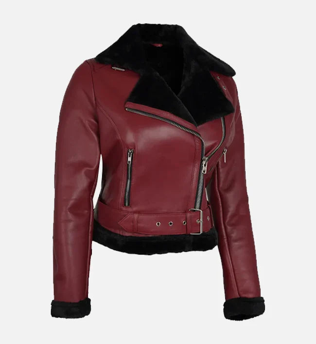 Sowachi Women's Maroon Biker Shearling Leather Jacket