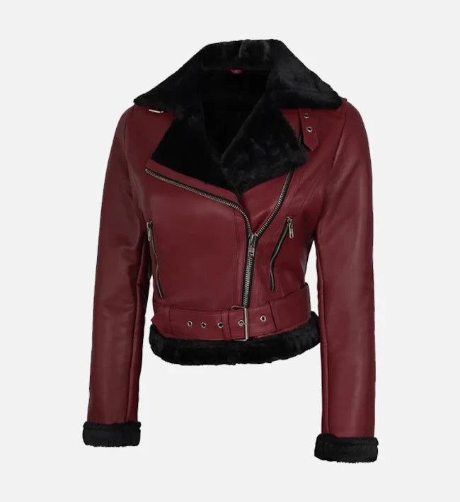 Sowachi Women's Maroon Biker Shearling Leather Jacket