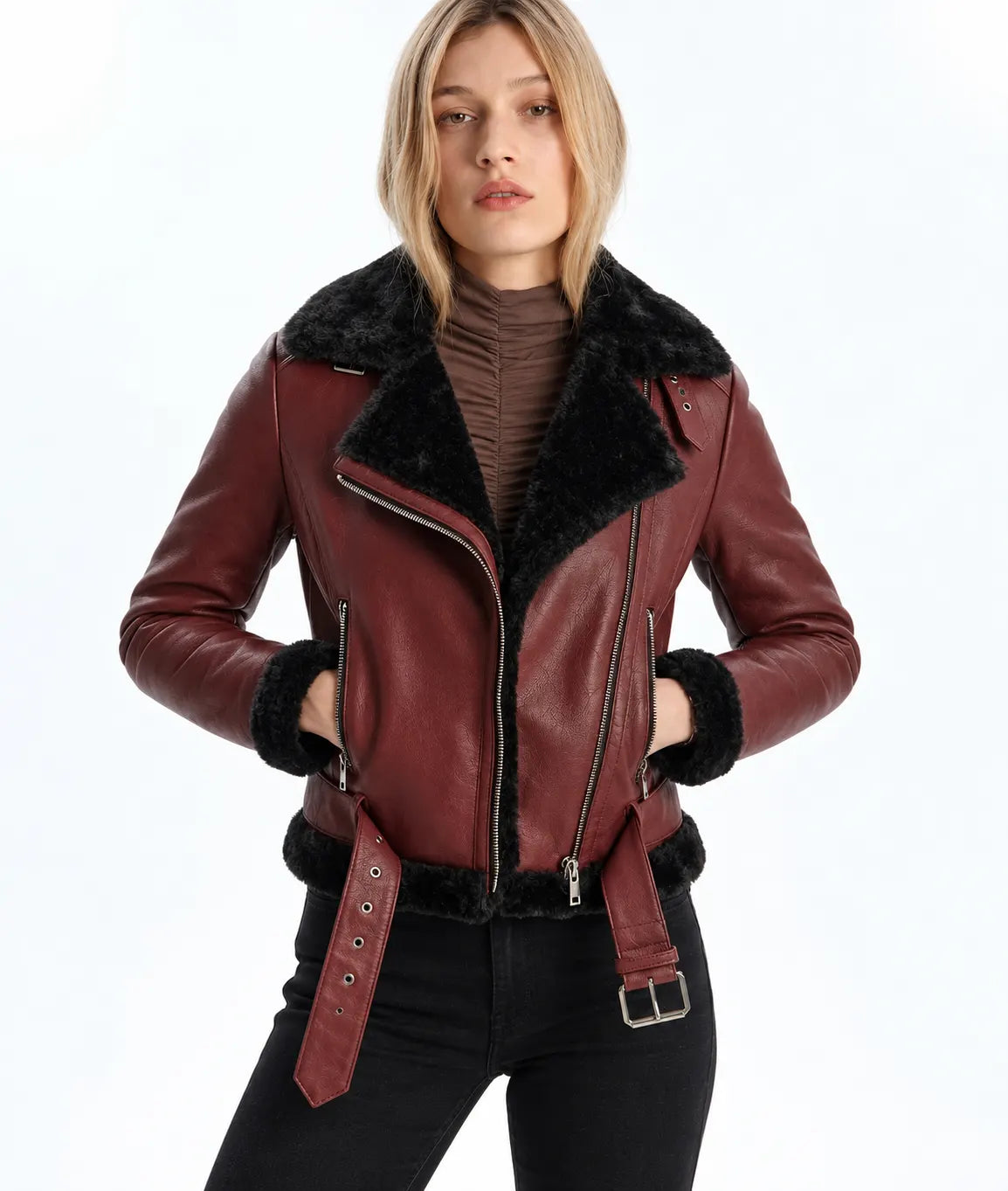 Sowachi Women's Maroon Biker Shearling Leather Jacket