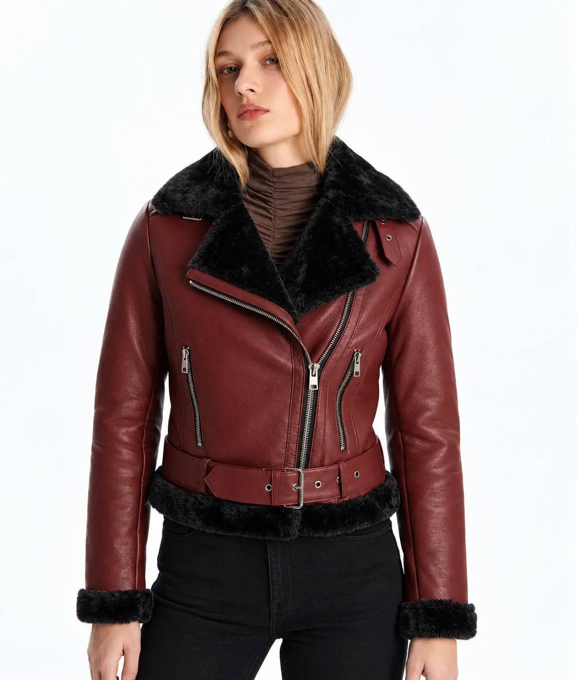 Sowachi Women's Maroon Biker Shearling Leather Jacket