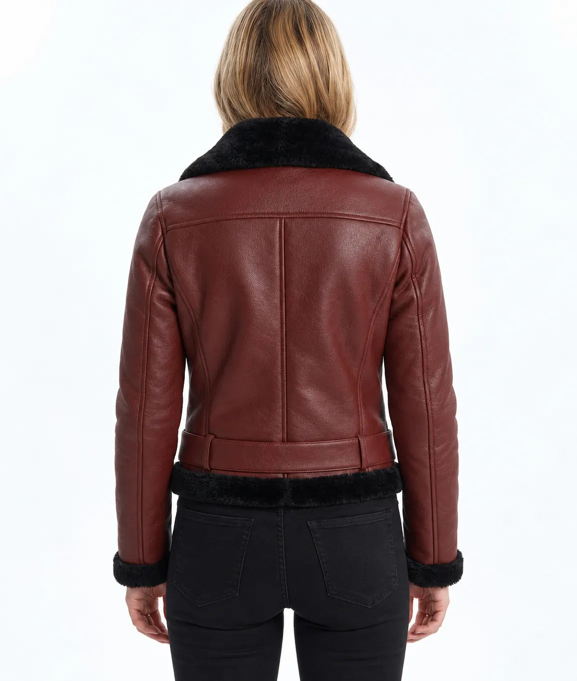 Sowachi Women's Maroon Biker Shearling Leather Jacket