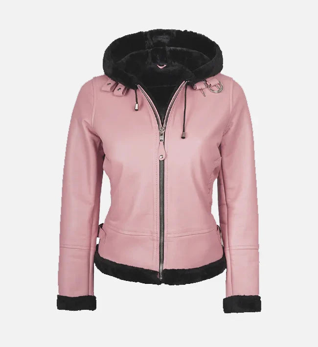 Sowachi Women's Pink Hooded Shearling Jacket
