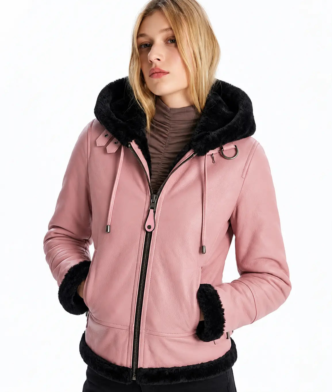 Sowachi Women's Pink Hooded Shearling Jacket
