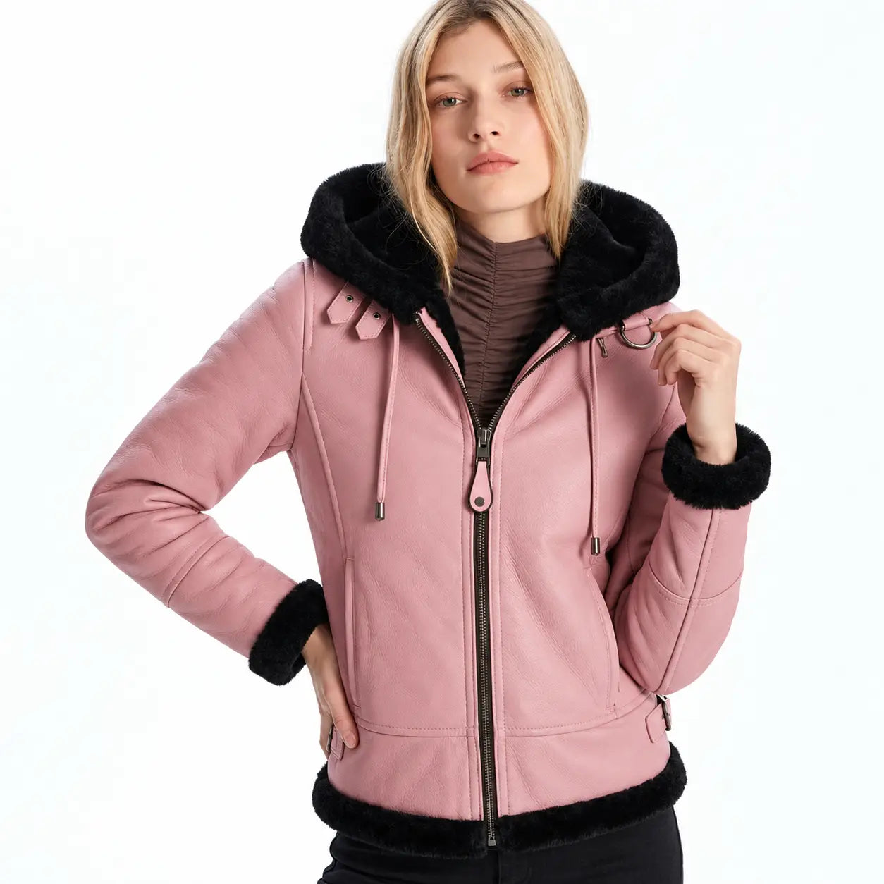 Sowachi Women's Pink Hooded Shearling Jacket