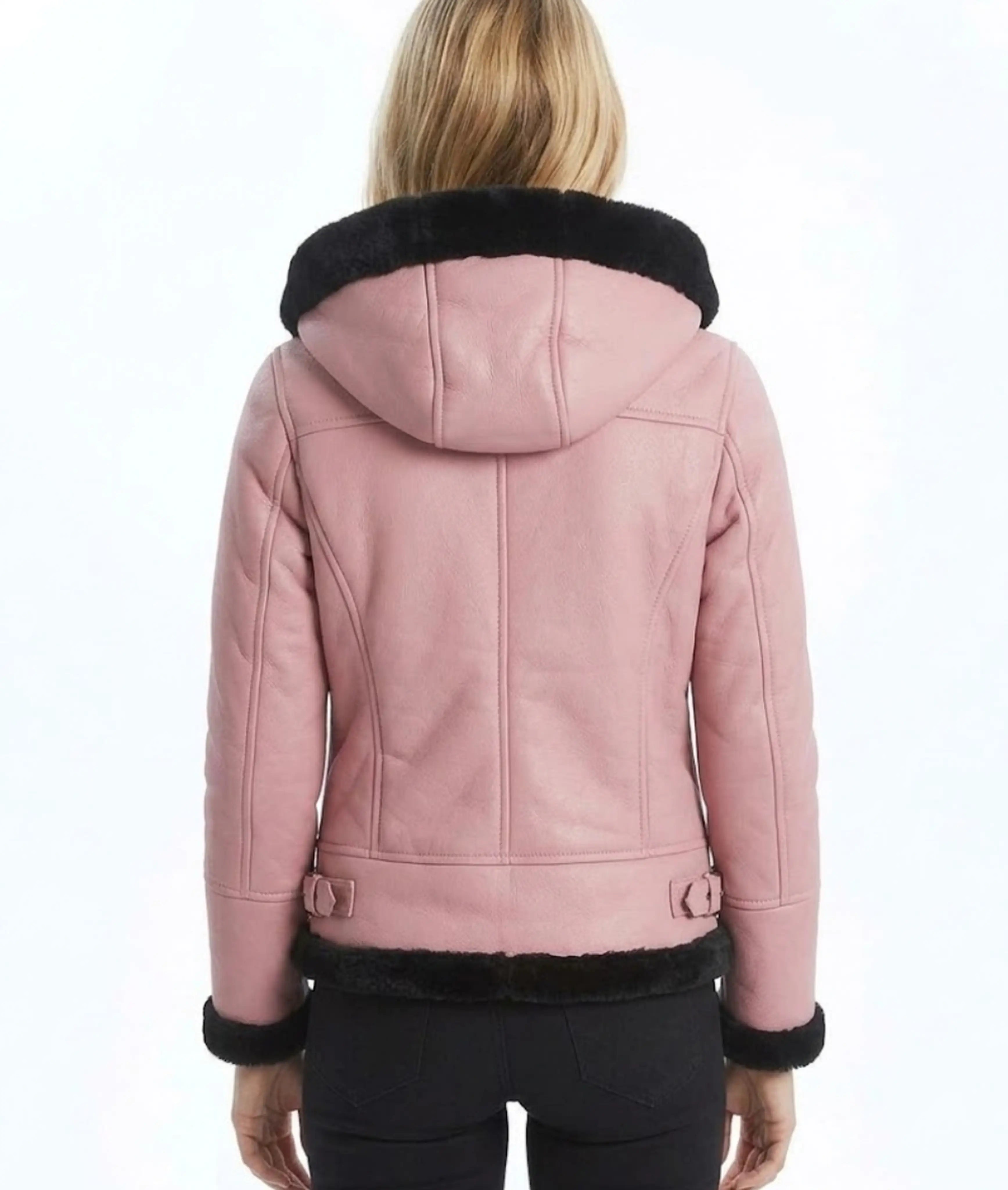 Sowachi Women's Pink Hooded Shearling Jacket