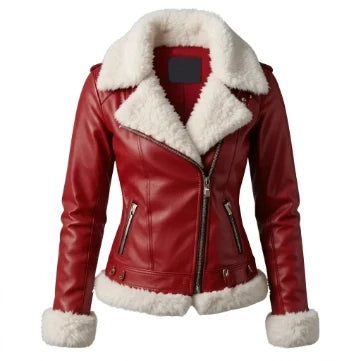 Sowachi Women's Red Christmas Style Shearling Leather Jacket