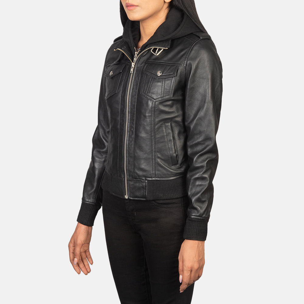 Sowachi Roslyn Black Hooded Leather Bomber Jacket