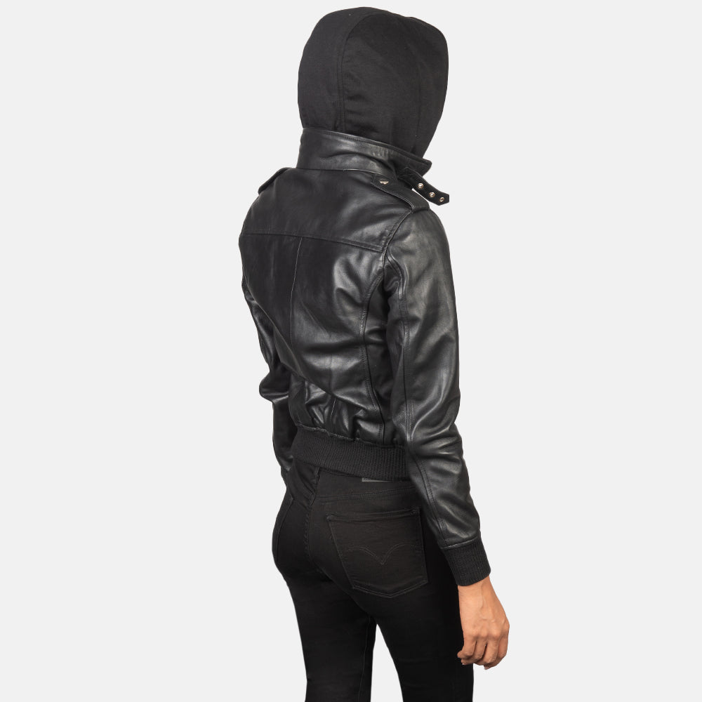 Sowachi Roslyn Black Hooded Leather Bomber Jacket
