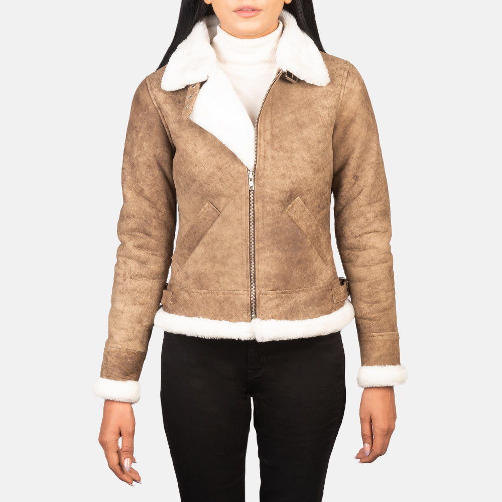 Sowachi Sherilyn B-3 Distressed Brown Leather Bomber Jacket