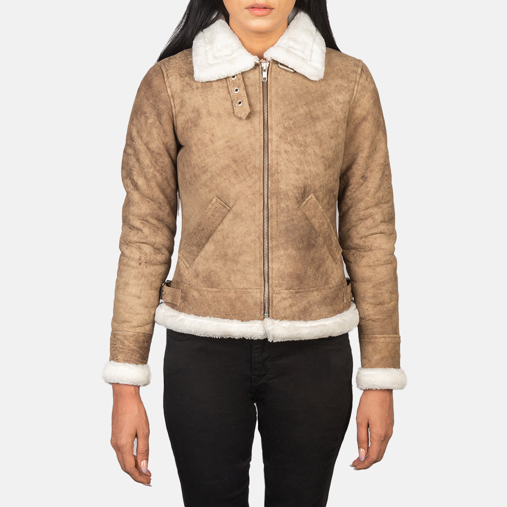 Sowachi Sherilyn B-3 Distressed Brown Leather Bomber Jacket