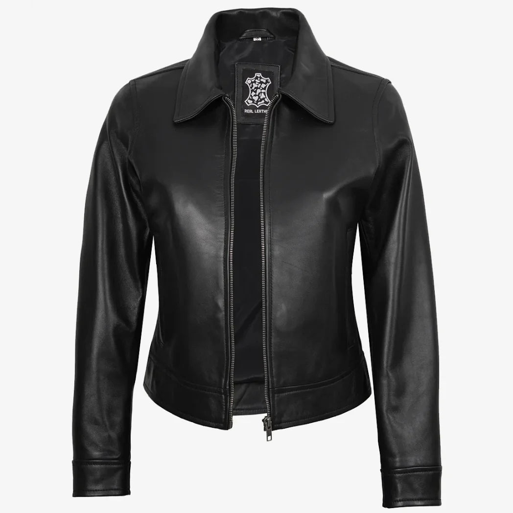 Women's Black Shirt Collar Harrington Leather Jacket