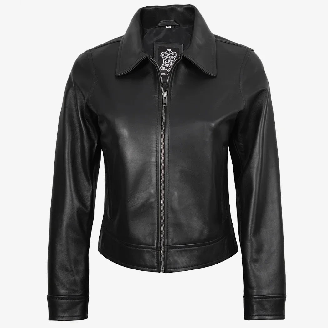 Women's Black Shirt Collar Harrington Leather Jacket