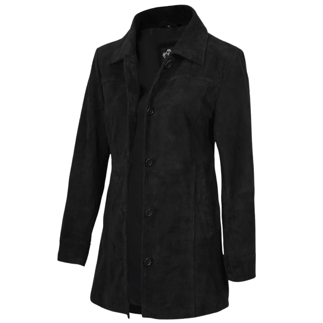 Sowachi Womens Black Suede Button Down Coat