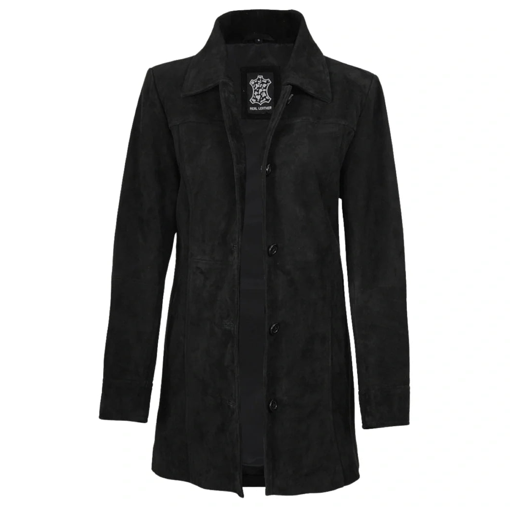 Sowachi Womens Black Suede Button Down Coat