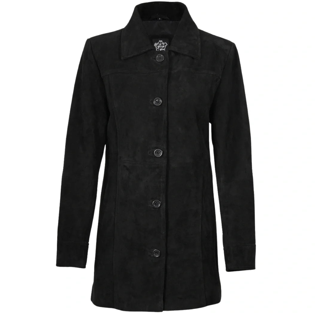 Sowachi Womens Black Suede Button Down Coat