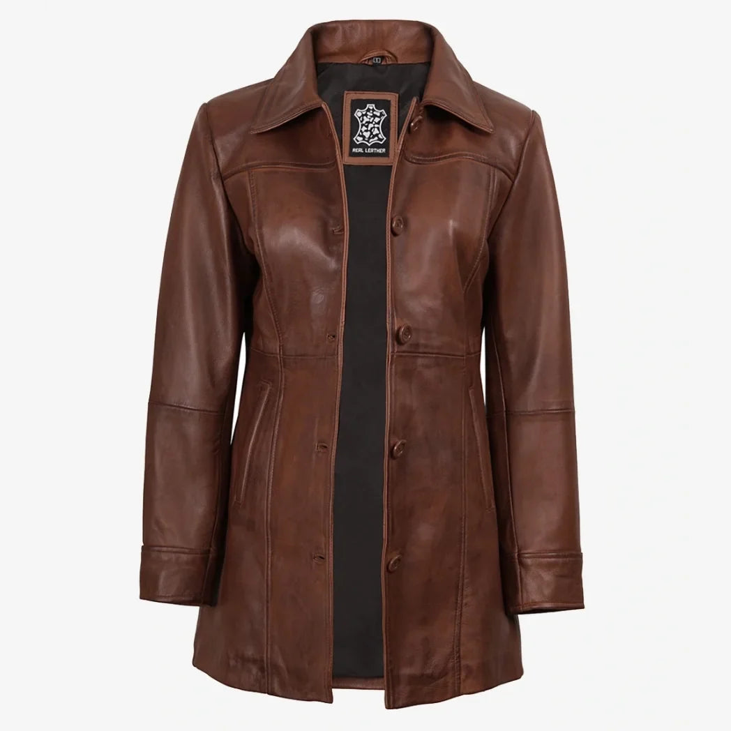 Women's Cognac 3/4 Length Button Down Leather Coat