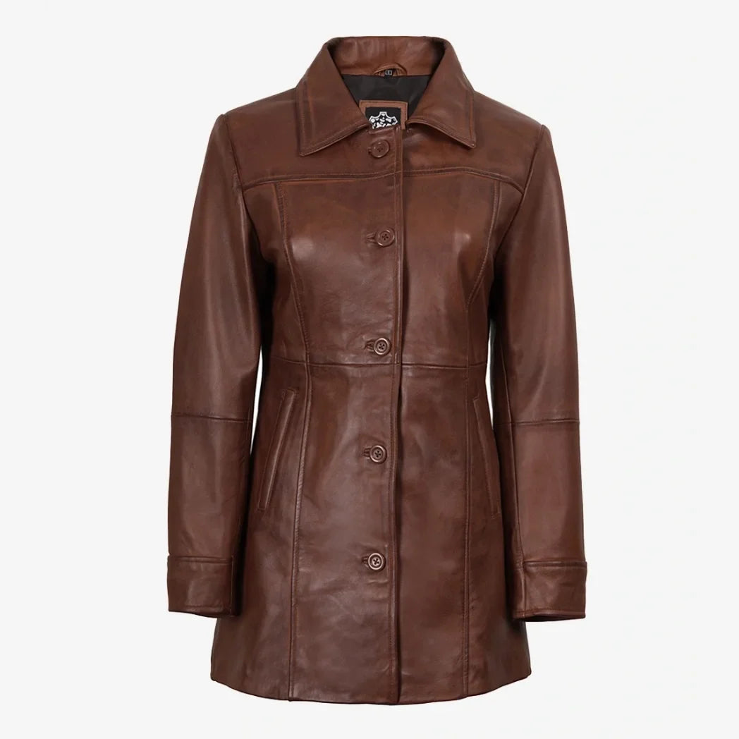 Women's Cognac 3/4 Length Button Down Leather Coat