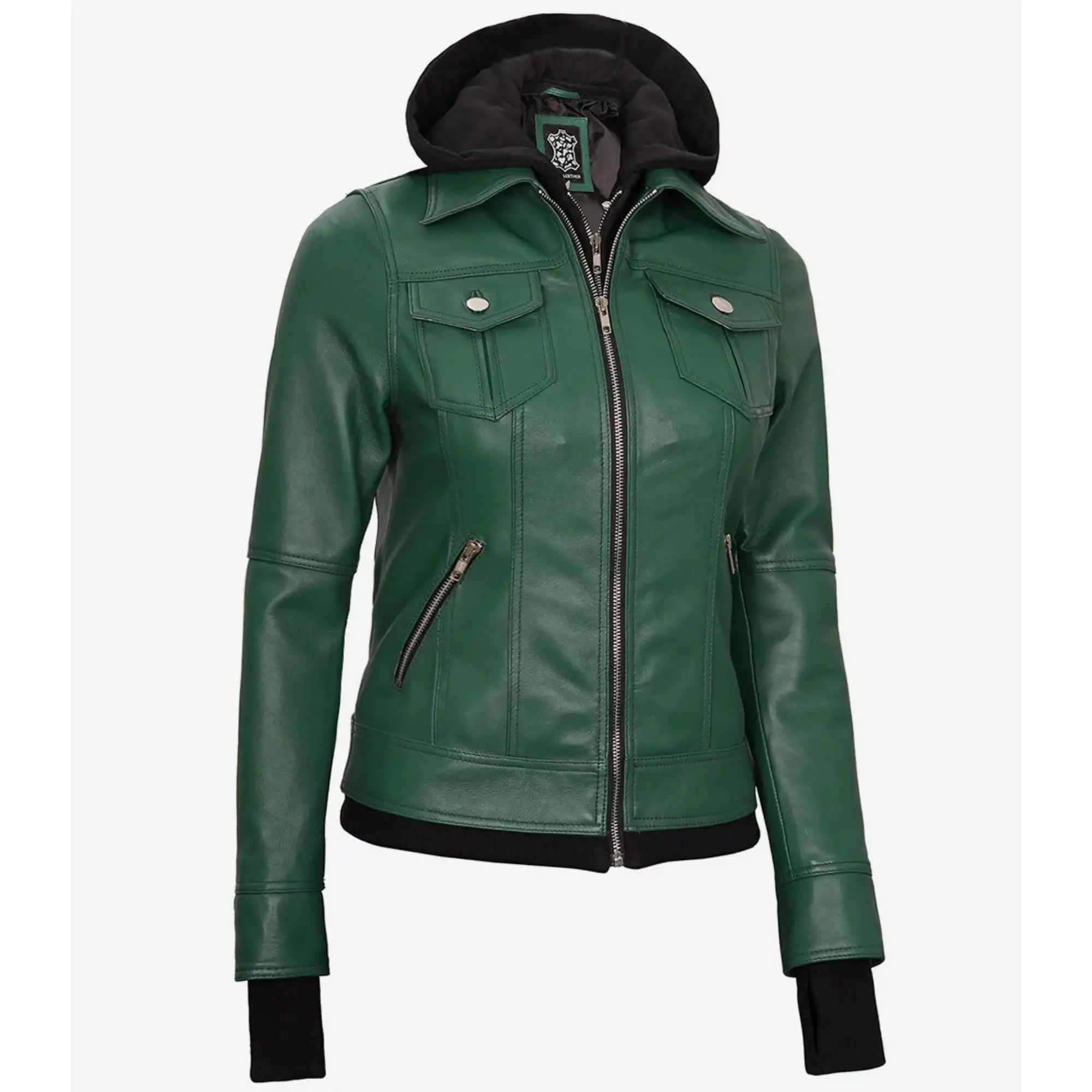 Sowachi Roselina - Women's Green Leather Bomber Jacket with Removable Hood