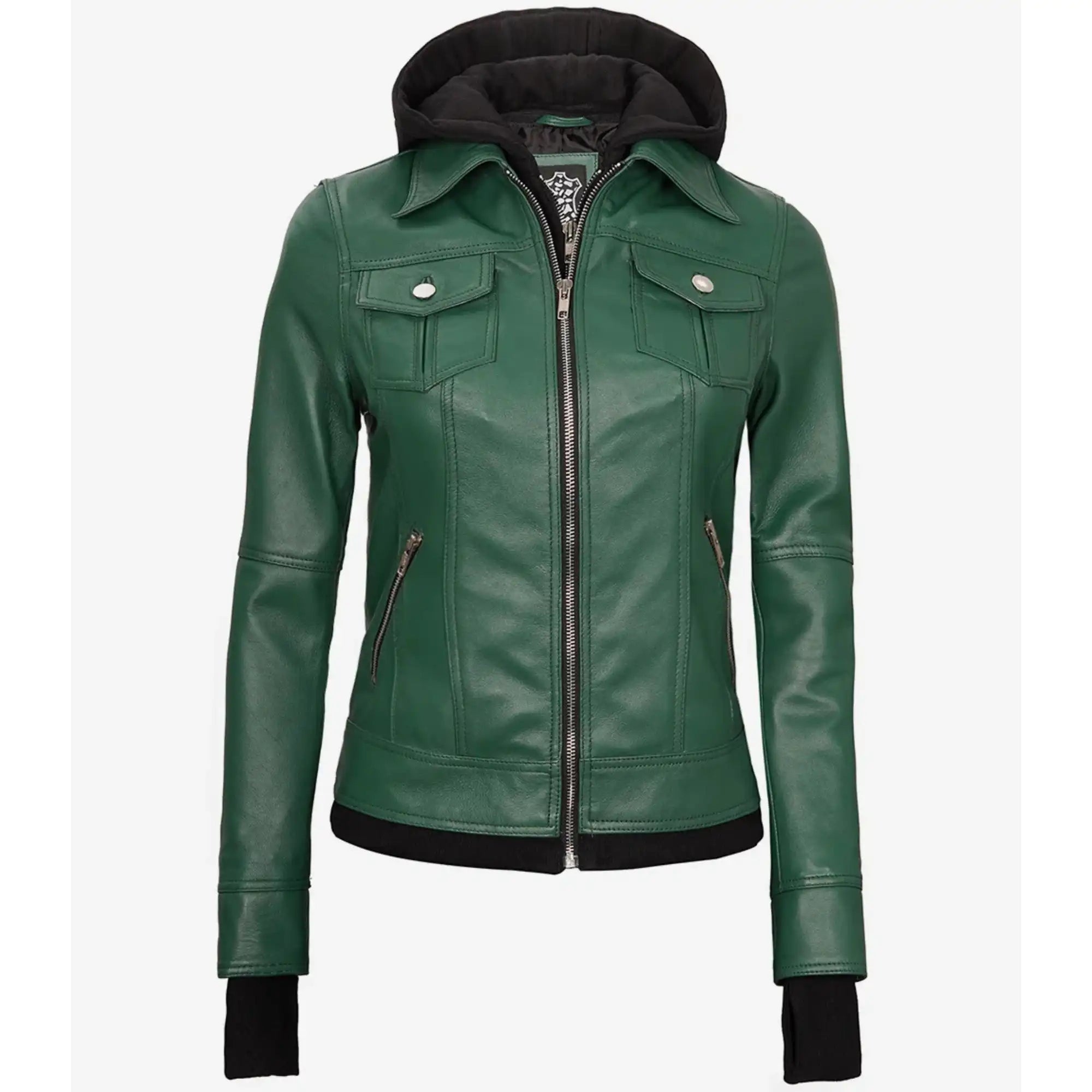 Sowachi Roselina - Women's Green Leather Bomber Jacket with Removable Hood