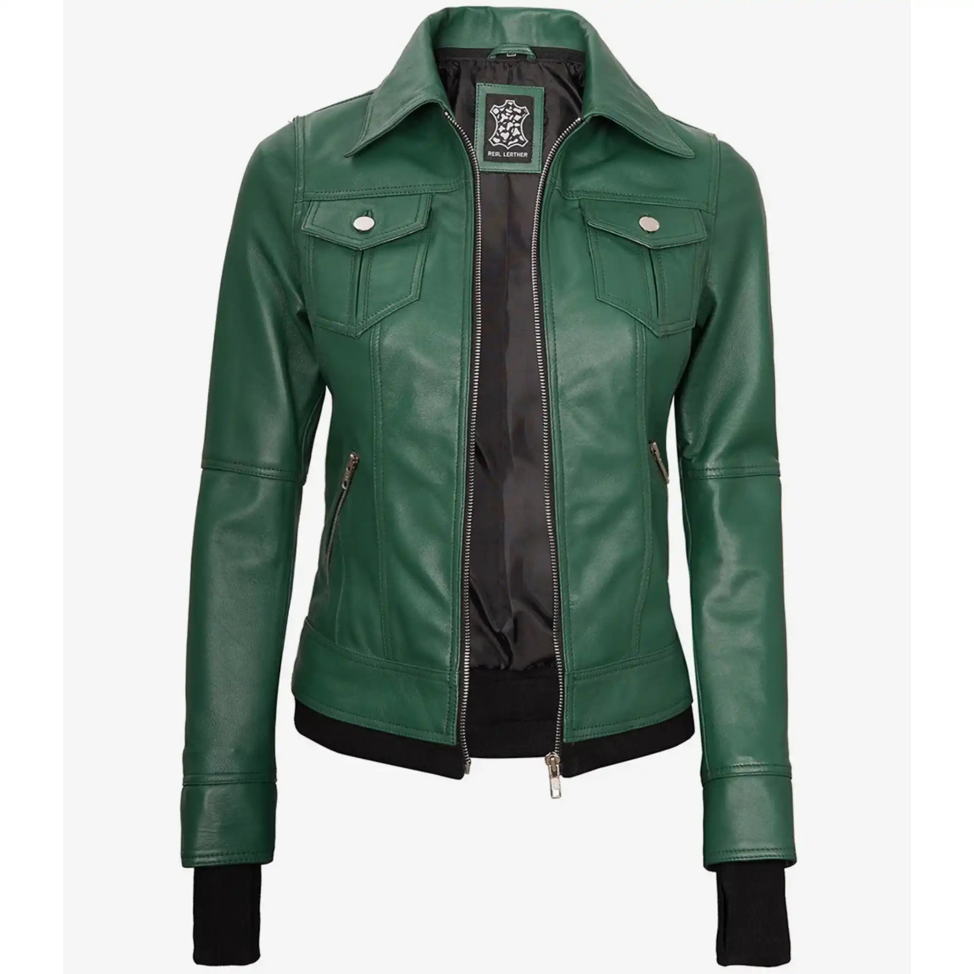 Sowachi Roselina - Women's Green Leather Bomber Jacket with Removable Hood