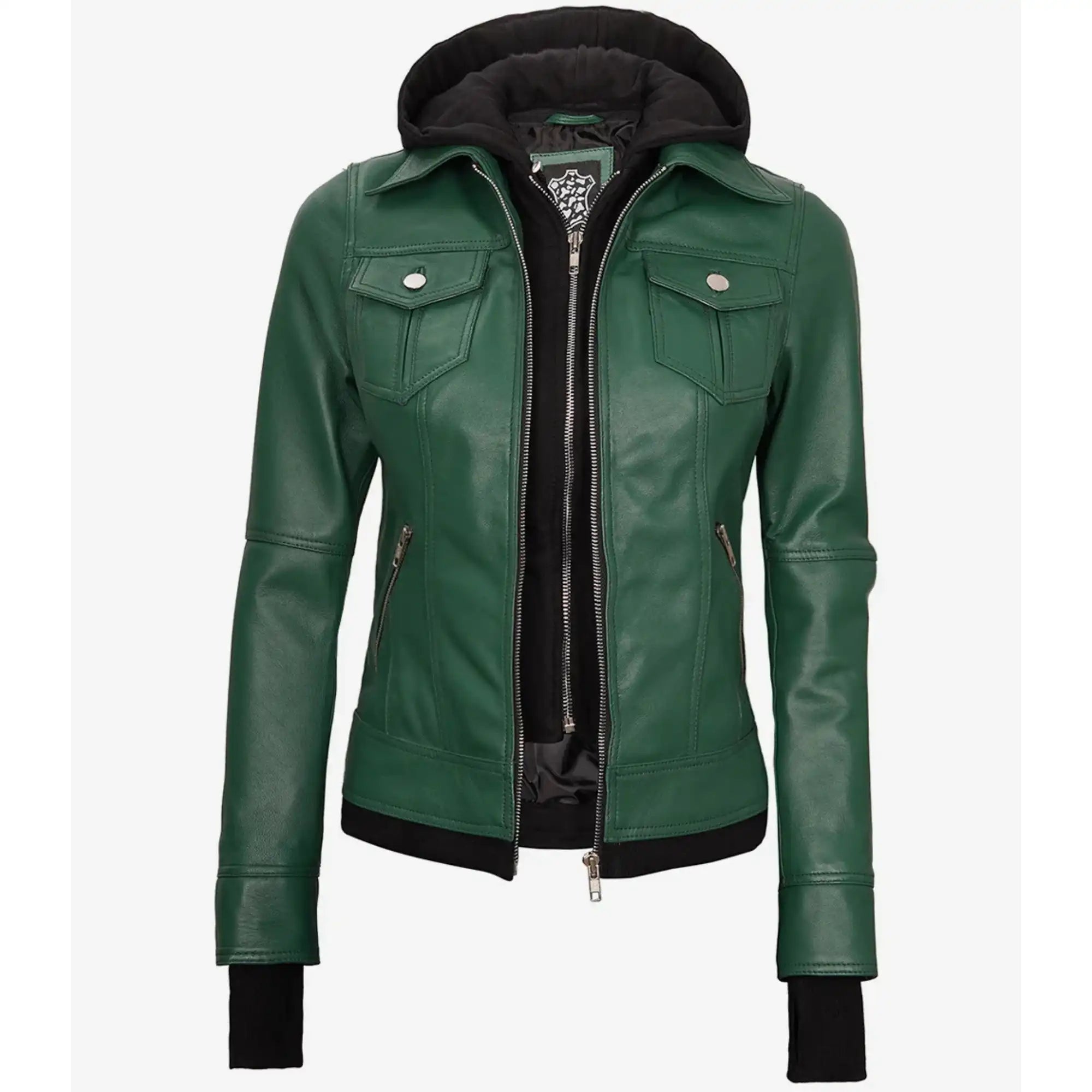 Sowachi Roselina - Women's Green Leather Bomber Jacket with Removable Hood