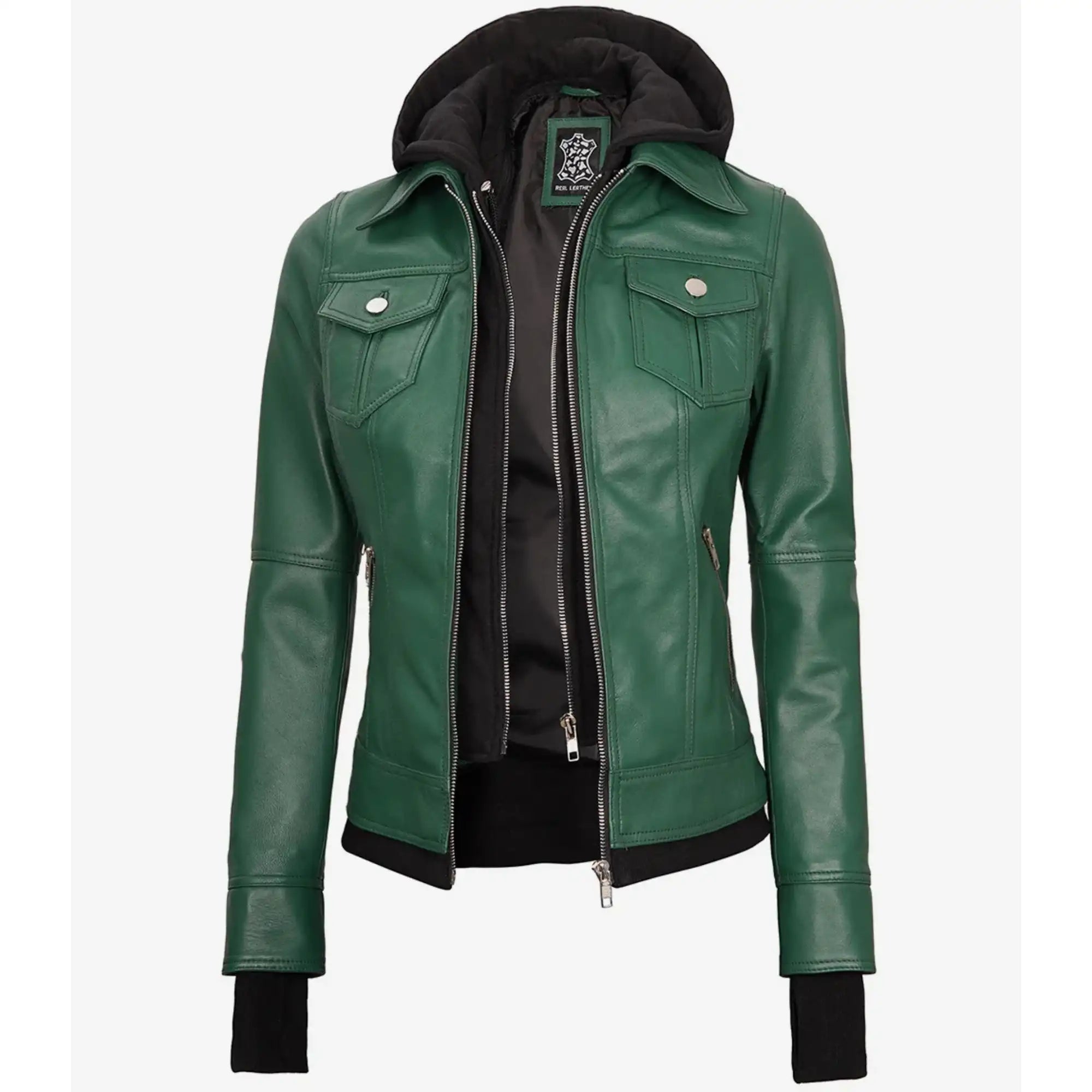 Sowachi Roselina - Women's Green Leather Bomber Jacket with Removable Hood