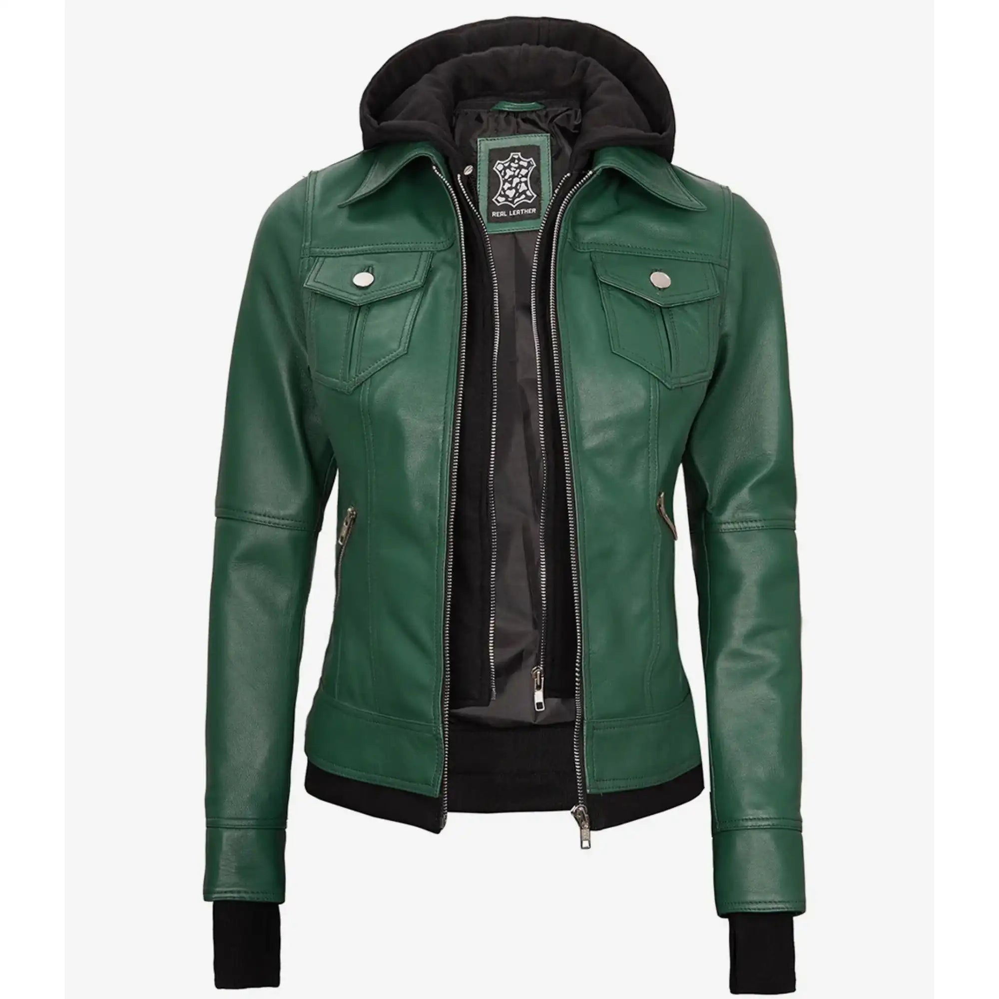Sowachi Roselina - Women's Green Leather Bomber Jacket with Removable Hood