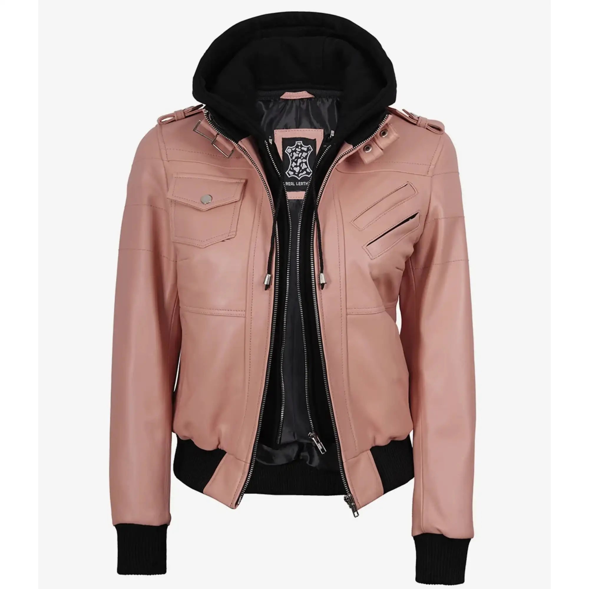Sowachi Roselina - Women's Pink Leather Bomber Jacket with Removable Hood