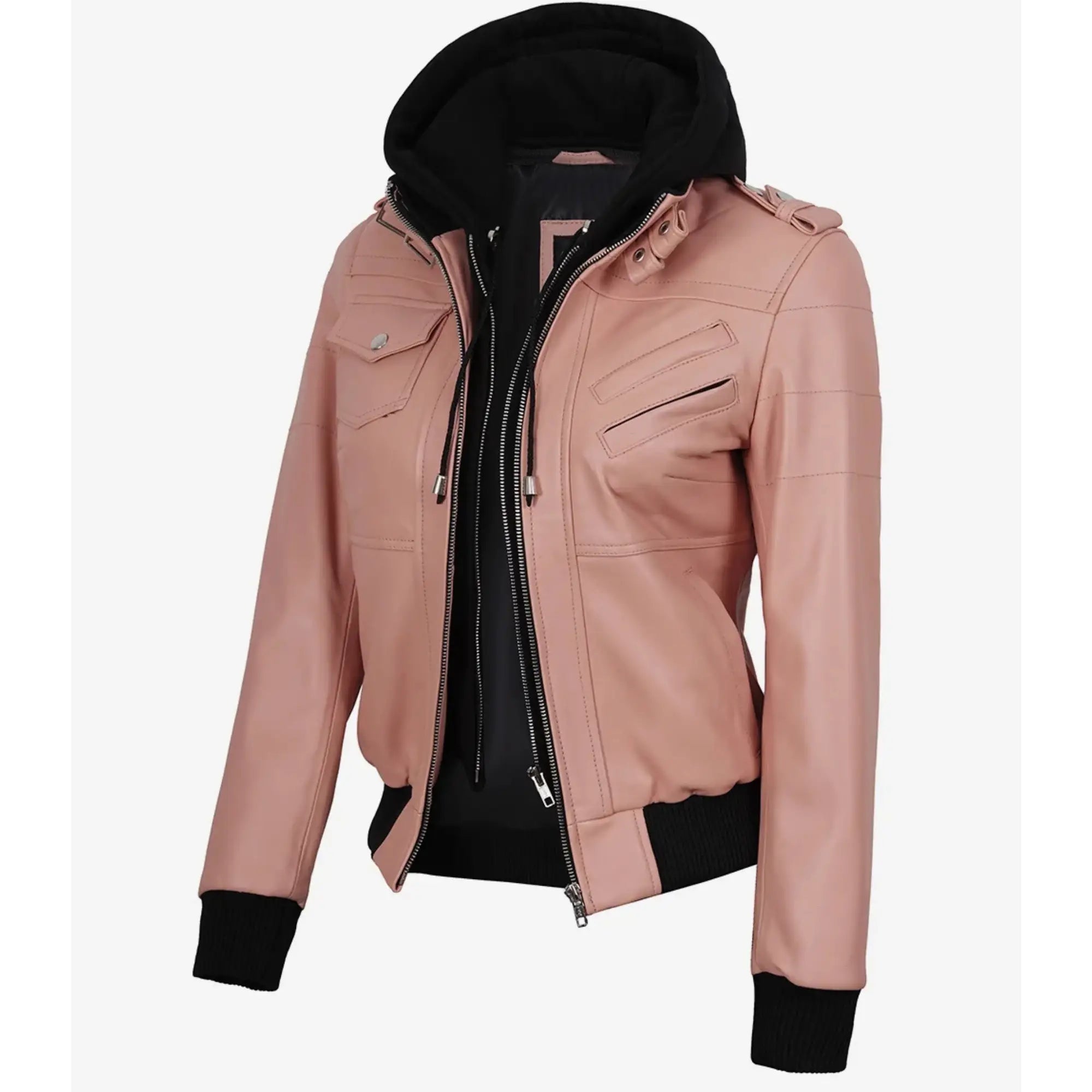 Sowachi Roselina - Women's Pink Leather Bomber Jacket with Removable Hood