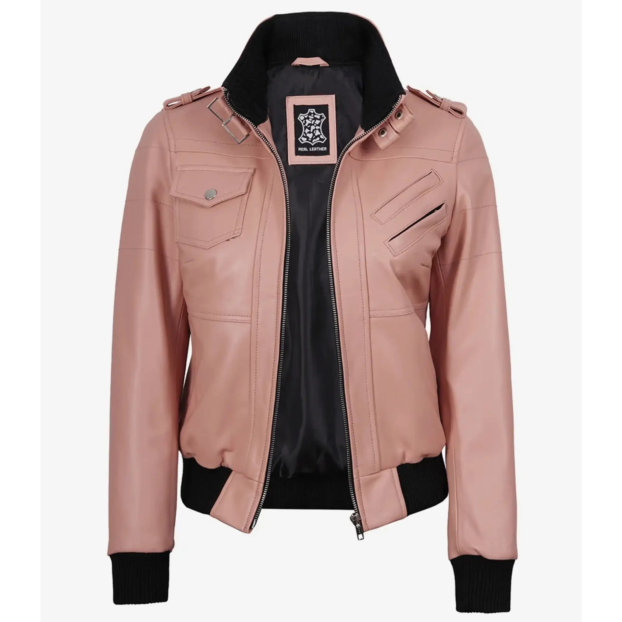 Sowachi Roselina - Women's Pink Leather Bomber Jacket with Removable Hood