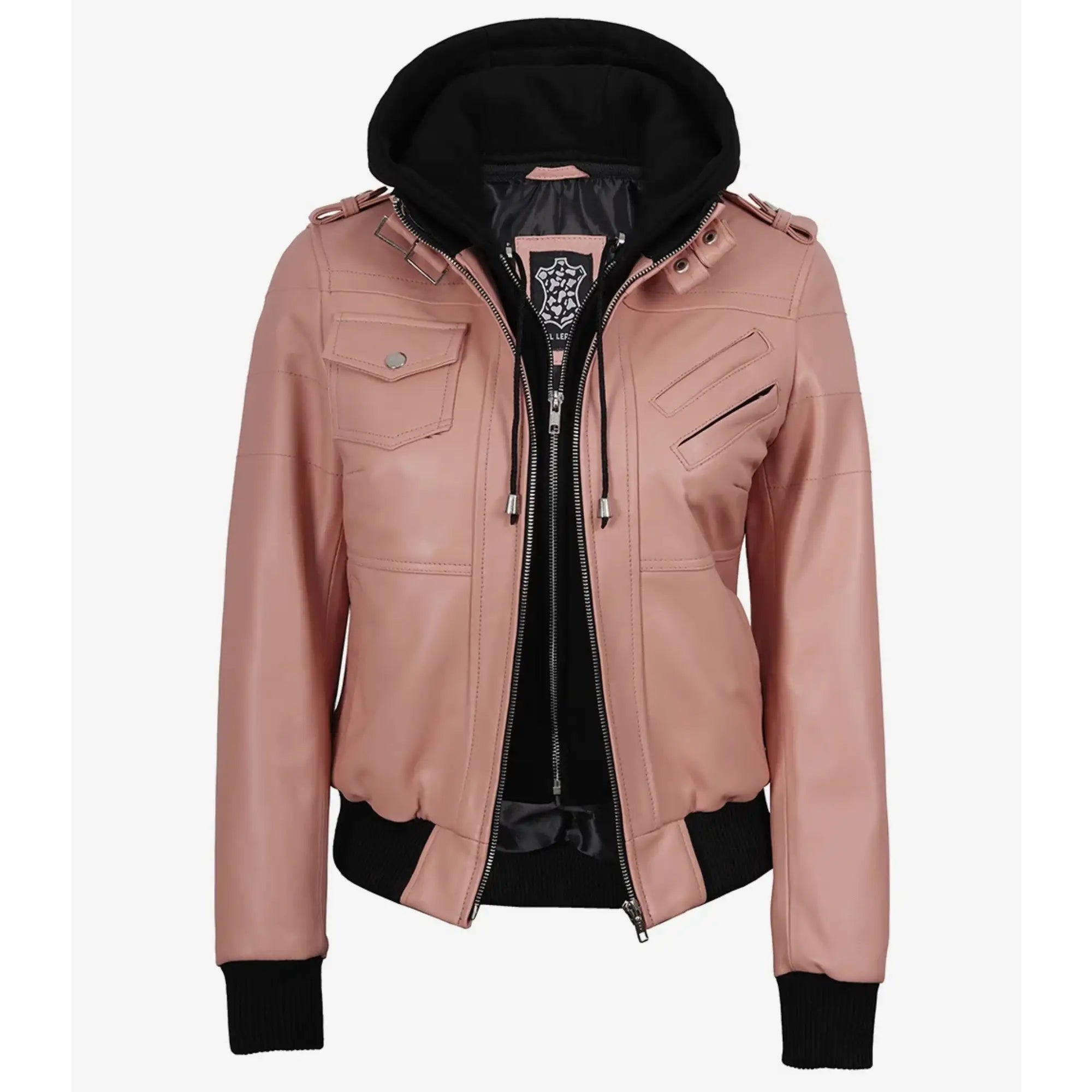 Sowachi Roselina - Women's Pink Leather Bomber Jacket with Removable Hood