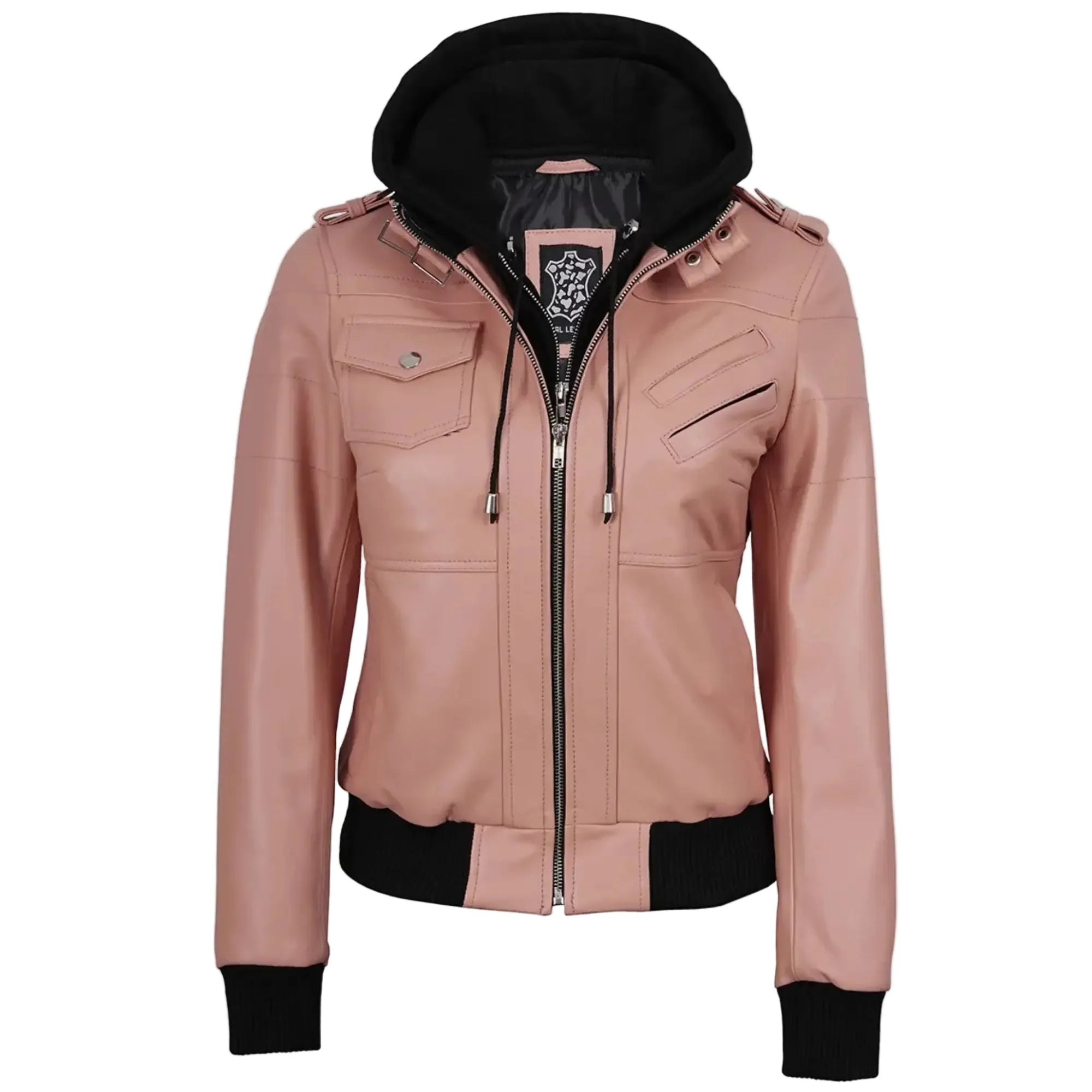 Sowachi Roselina - Women's Pink Leather Bomber Jacket with Removable Hood