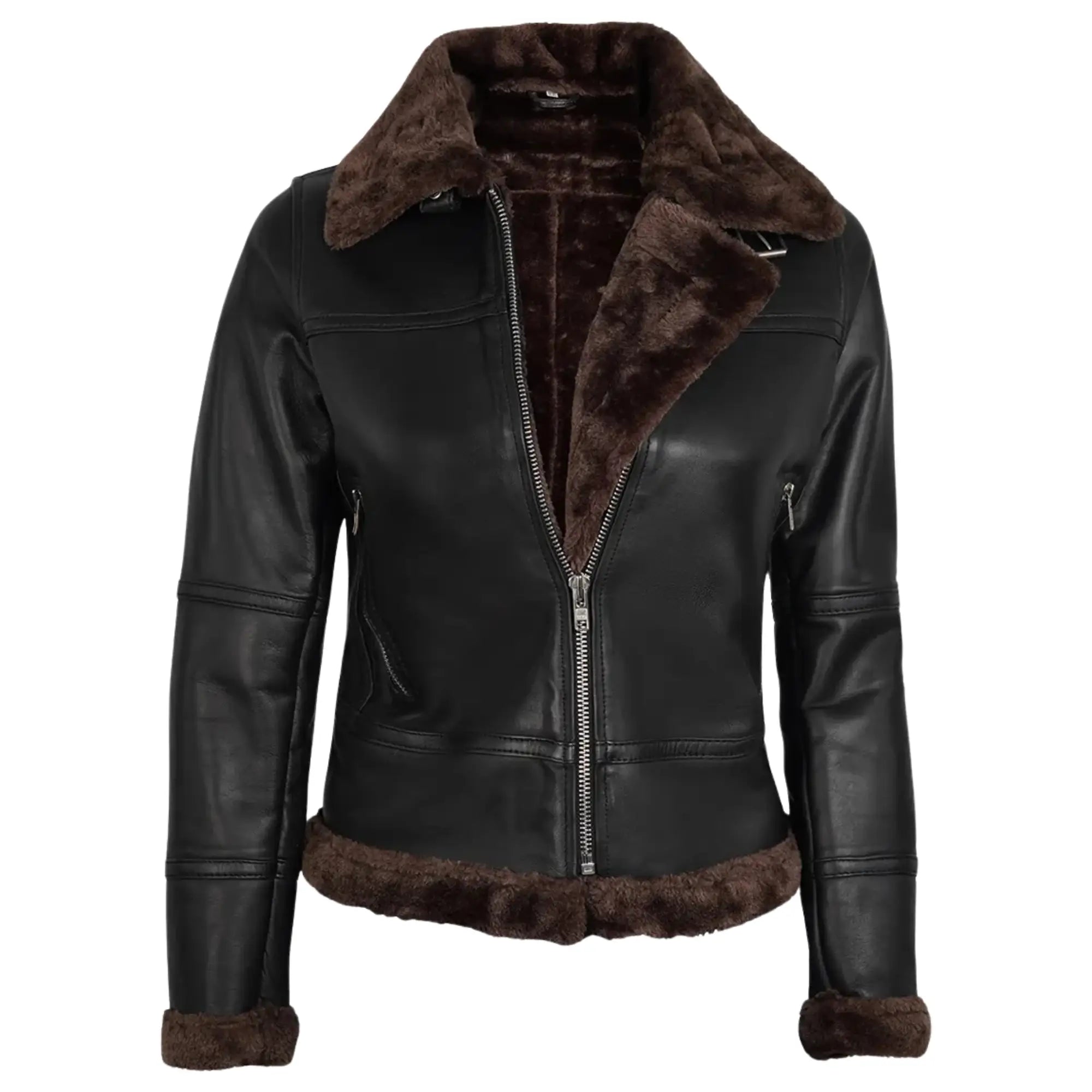 Sowachi Bravelle - Women's Black Leather Shearling Bomber Jacket