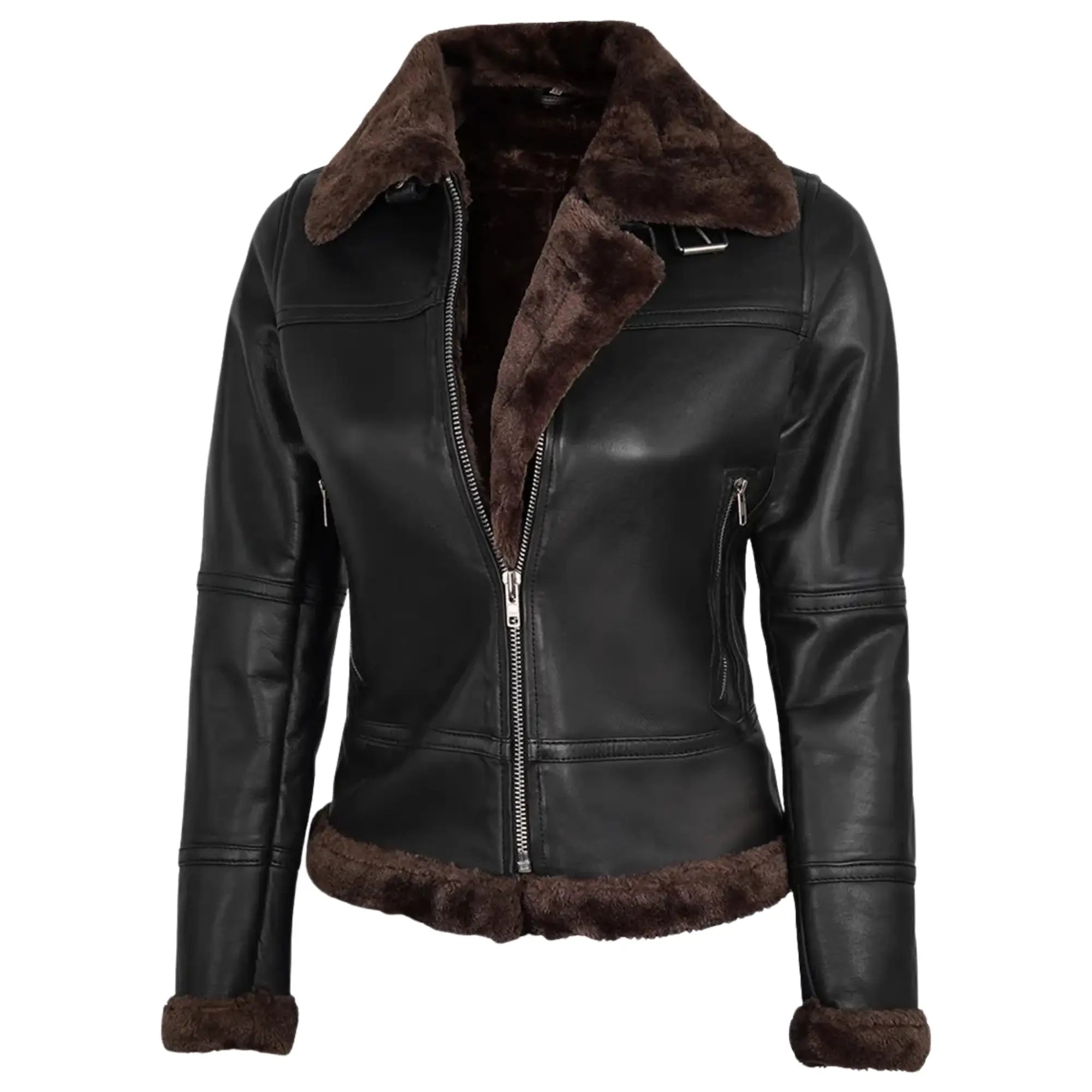 Sowachi Bravelle - Women's Black Leather Shearling Bomber Jacket