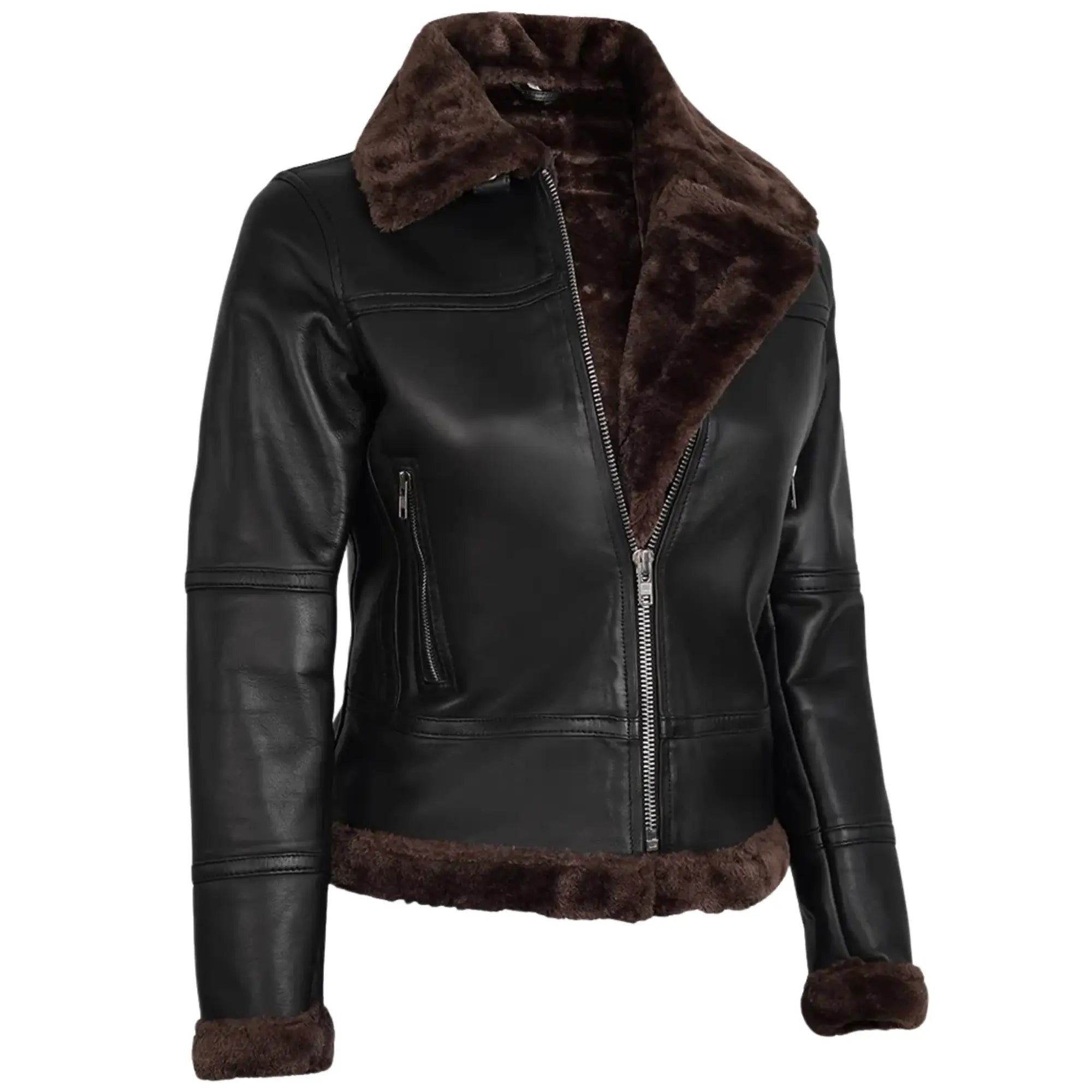 Sowachi Bravelle - Women's Black Leather Shearling Bomber Jacket