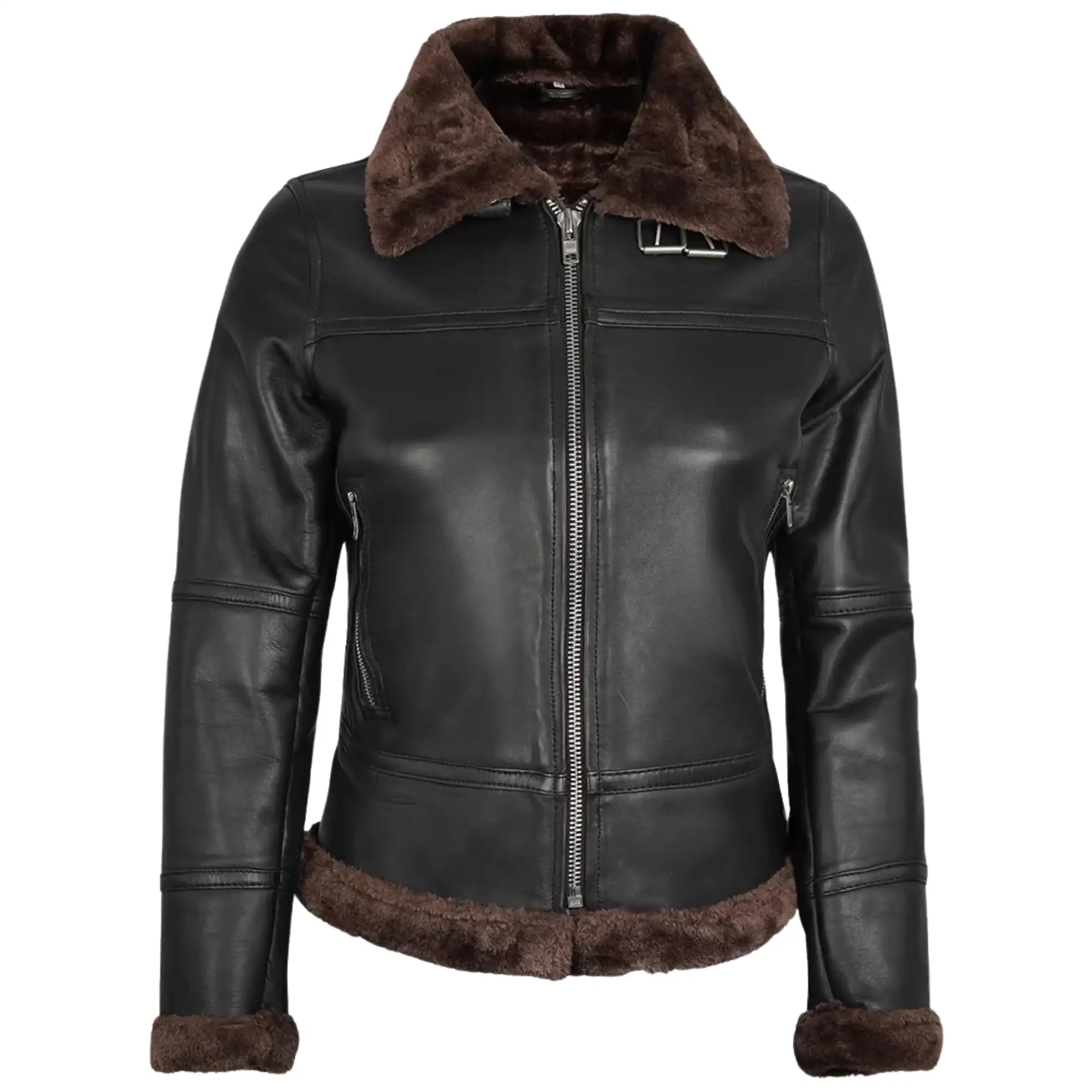 Sowachi Bravelle - Women's Black Leather Shearling Bomber Jacket