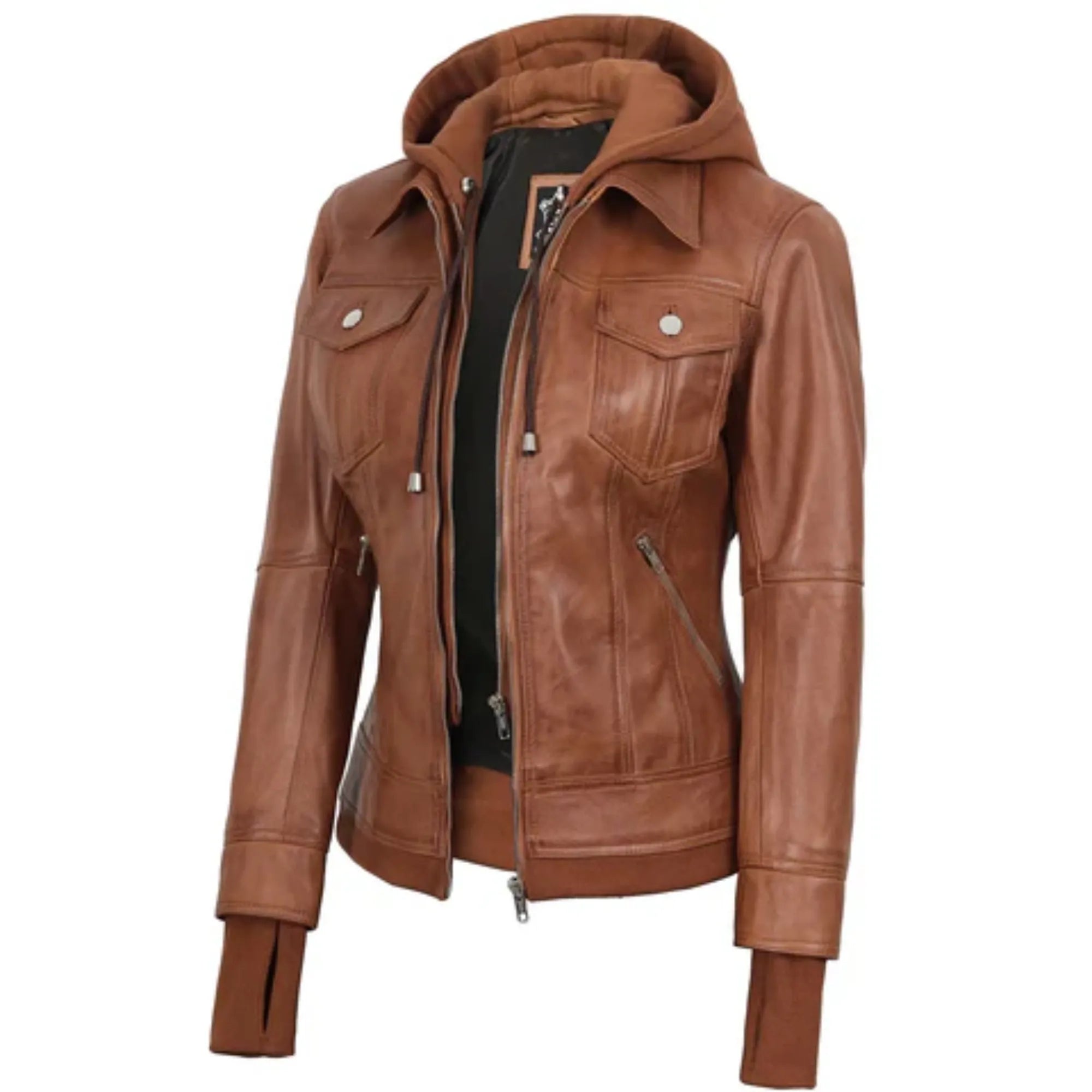 Sowachi Roselina - Women's Tan Brown Leather Bomber Jacket with Removable Hood