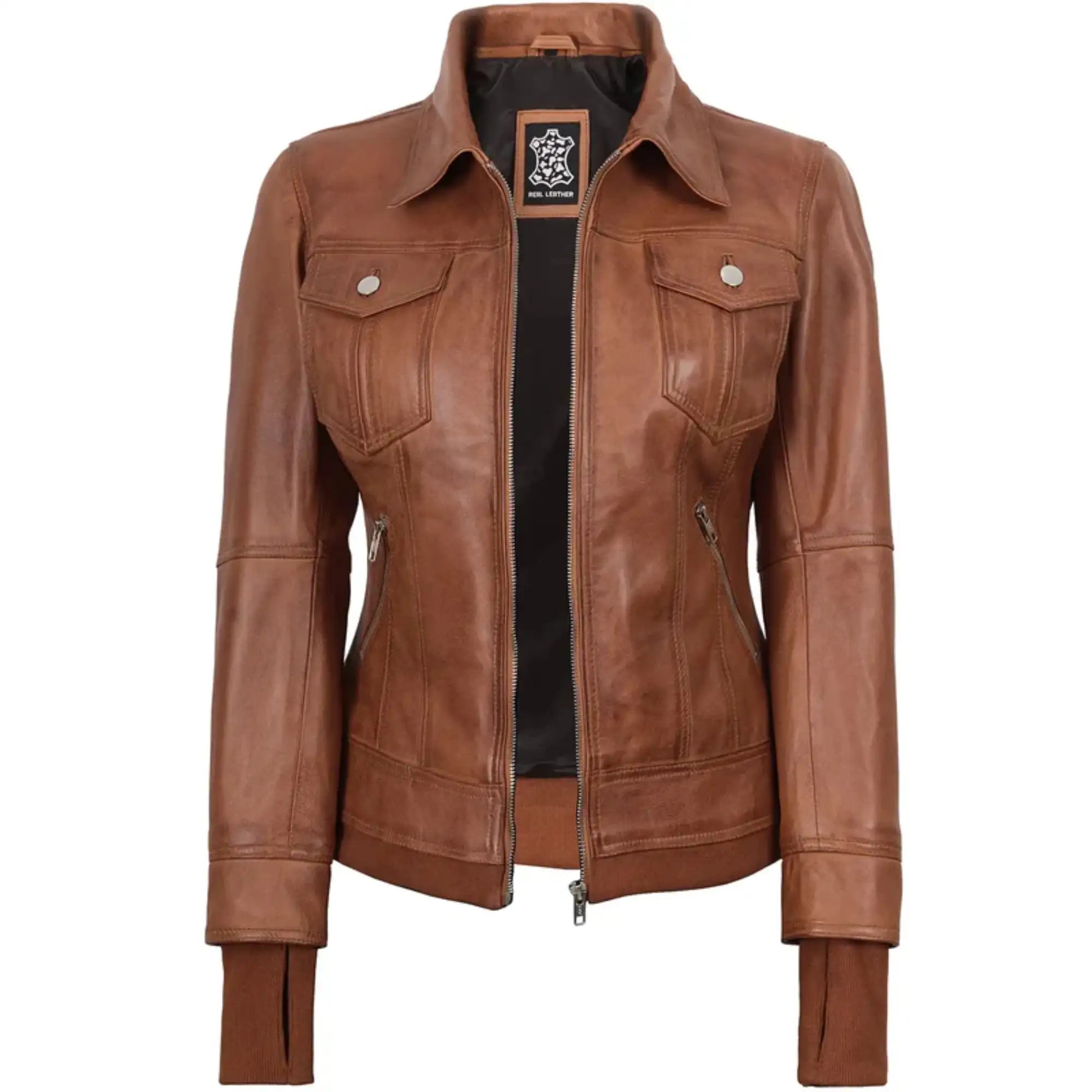 Sowachi Roselina - Women's Tan Brown Leather Bomber Jacket with Removable Hood