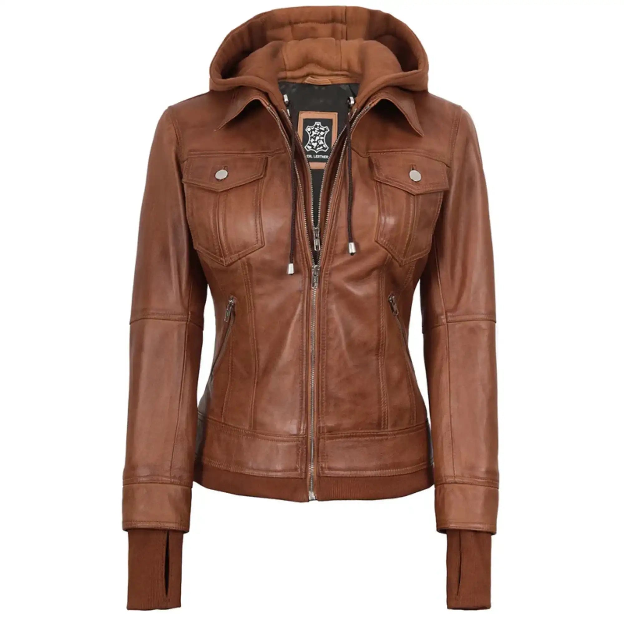 Sowachi Roselina - Women's Tan Brown Leather Bomber Jacket with Removable Hood