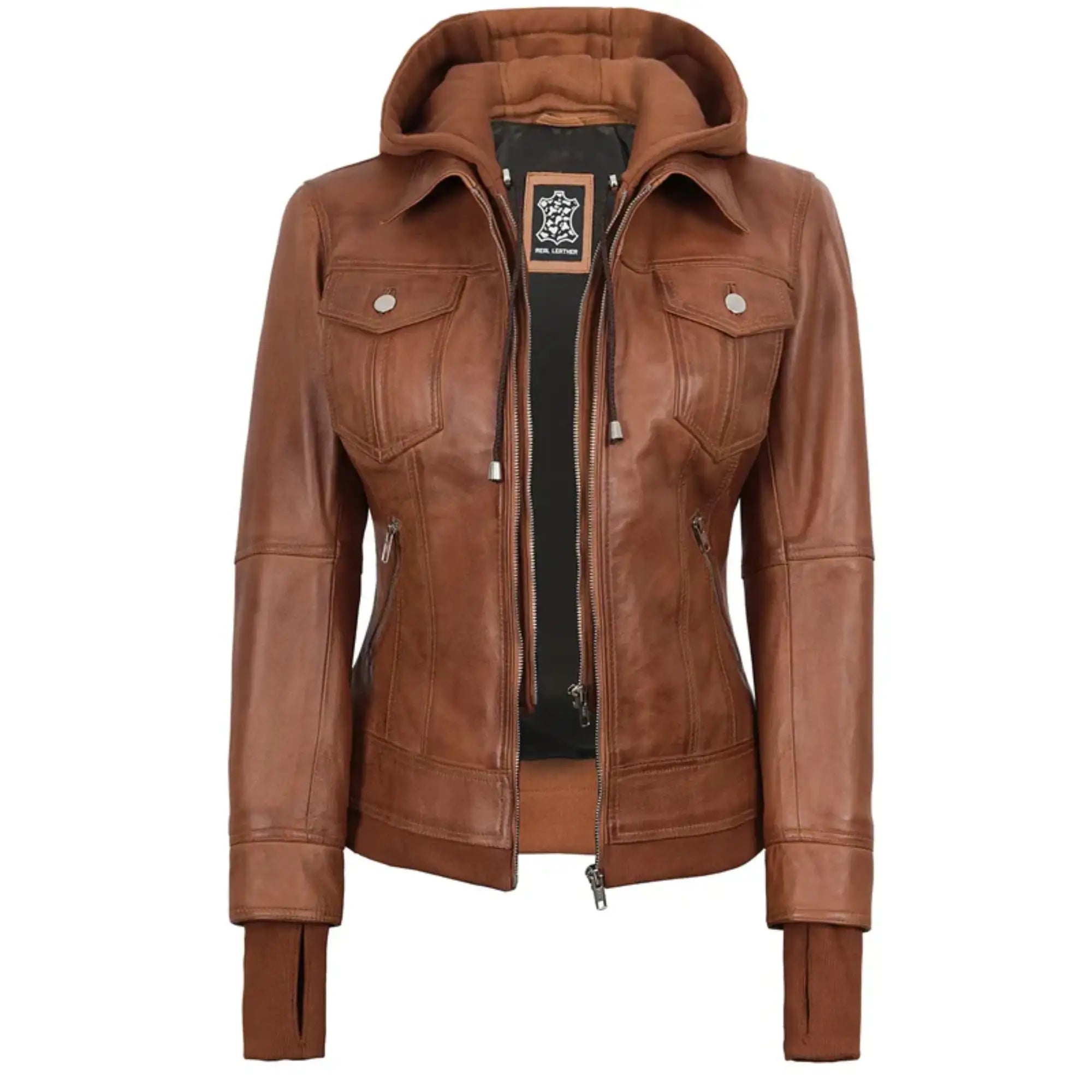 Sowachi Roselina - Women's Tan Brown Leather Bomber Jacket with Removable Hood