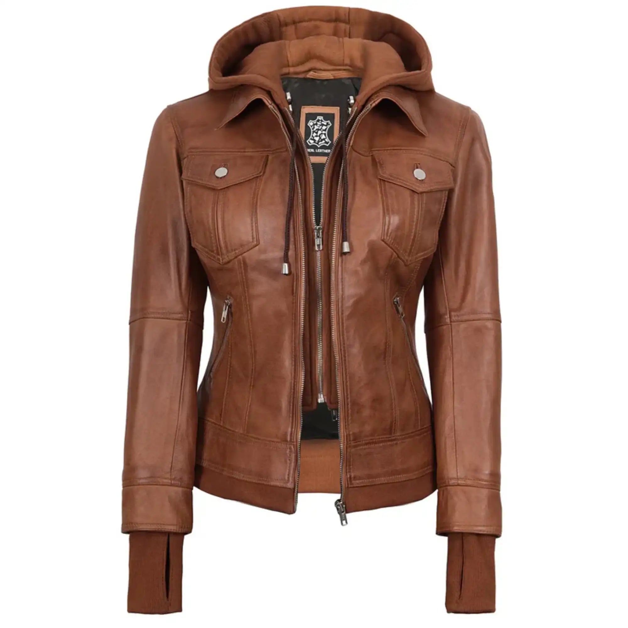Sowachi Roselina - Women's Tan Brown Leather Bomber Jacket with Removable Hood