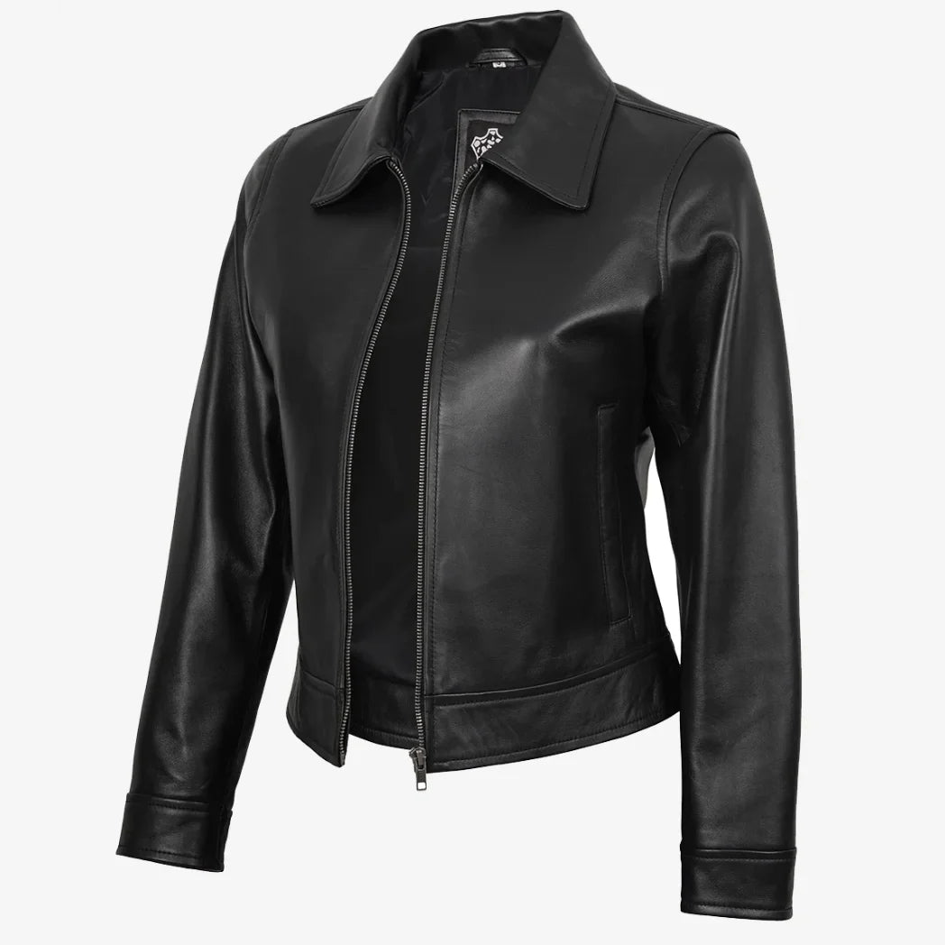Women's Black Shirt Collar Harrington Leather Jacket
