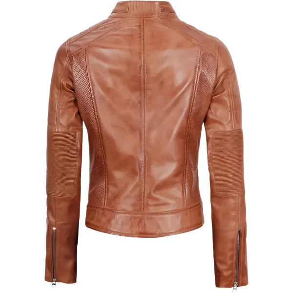 Sowachi Liorenne - Women's Tan Cafe Racer Leather Jacket