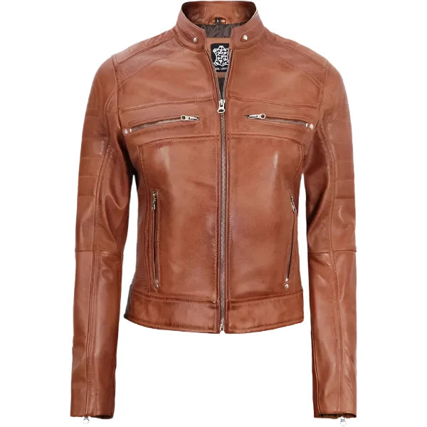Sowachi Liorenne - Women's Tan Cafe Racer Leather Jacket