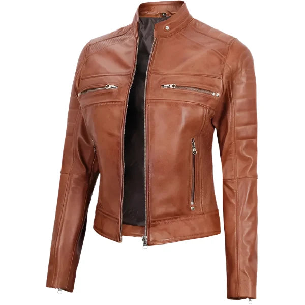 Sowachi Liorenne - Women's Tan Cafe Racer Leather Jacket