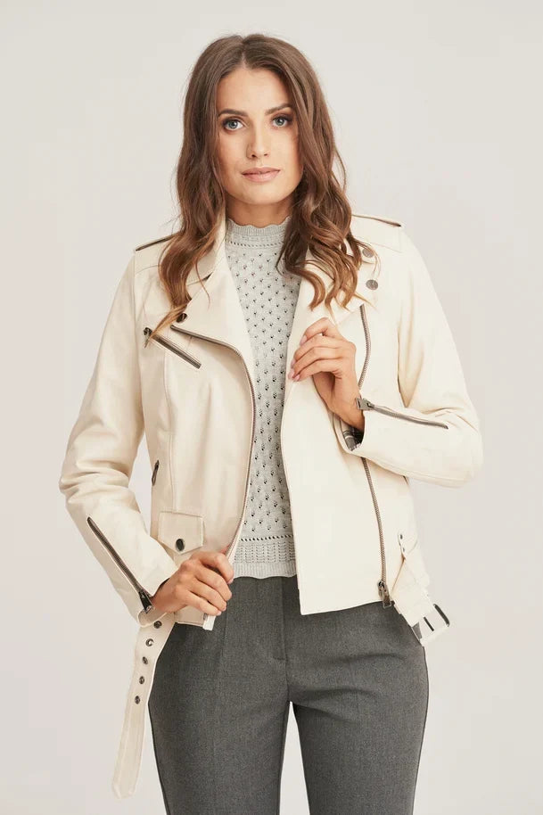 Sowachi Zenyra - Women's Beige Biker Sheepskin Leather Jacket