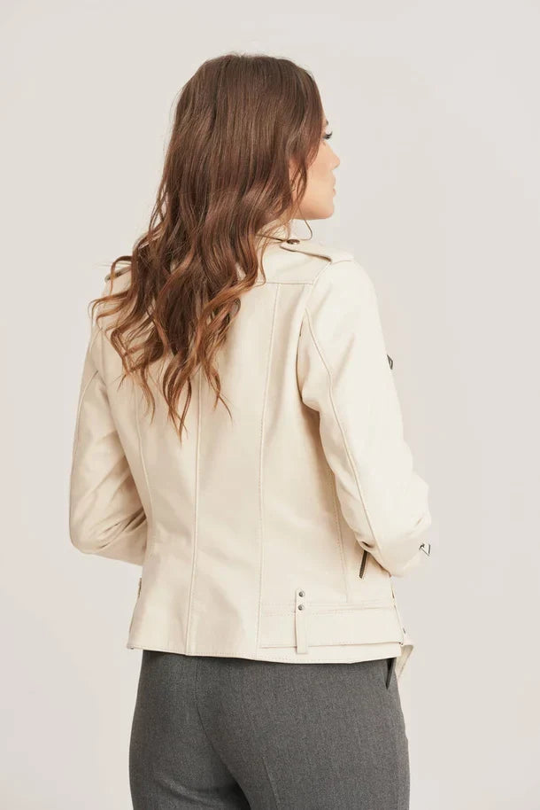 Sowachi Zenyra - Women's Beige Biker Sheepskin Leather Jacket